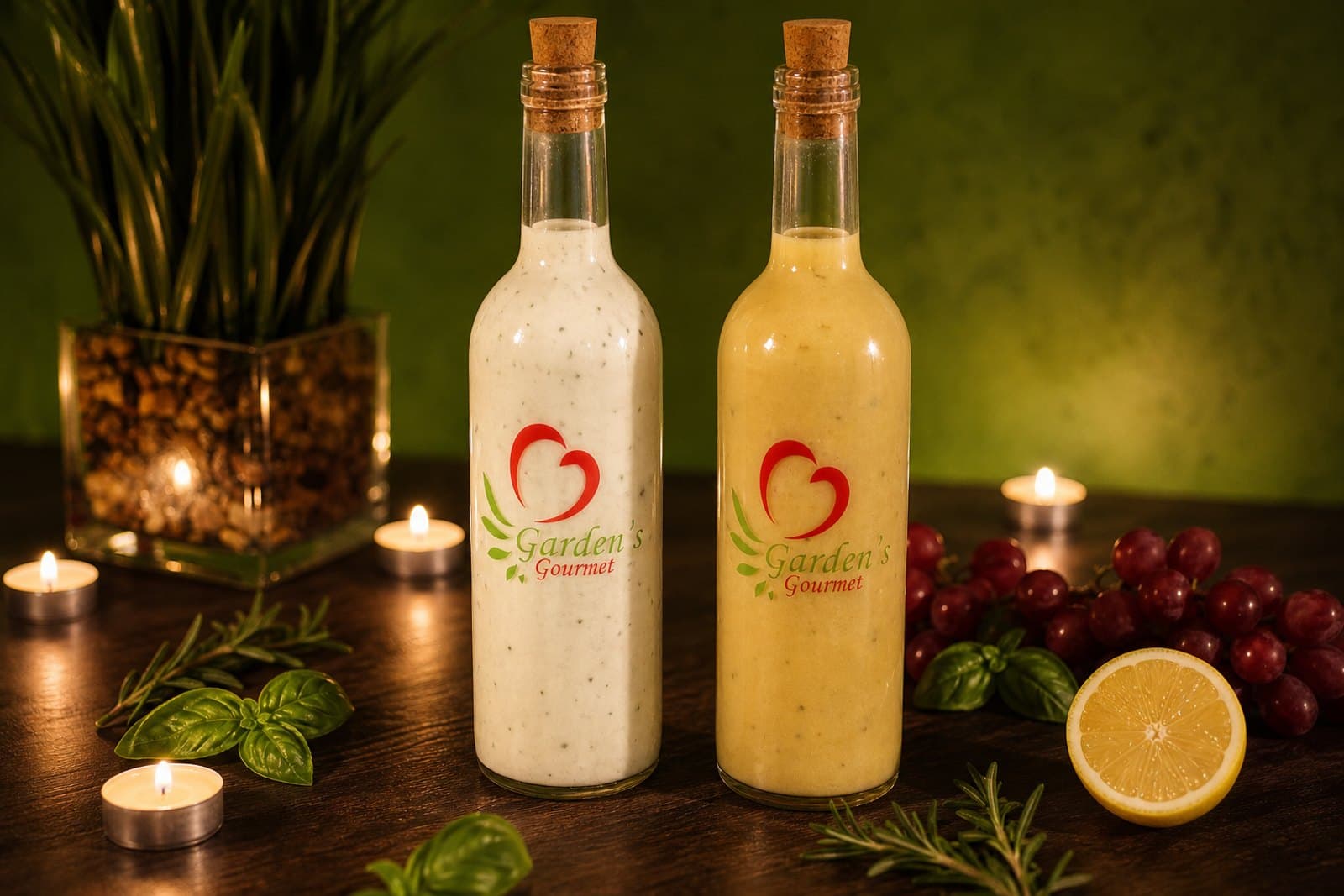 Garden's Gourmet house-made dressings in wine-style glass bottles by candlelight