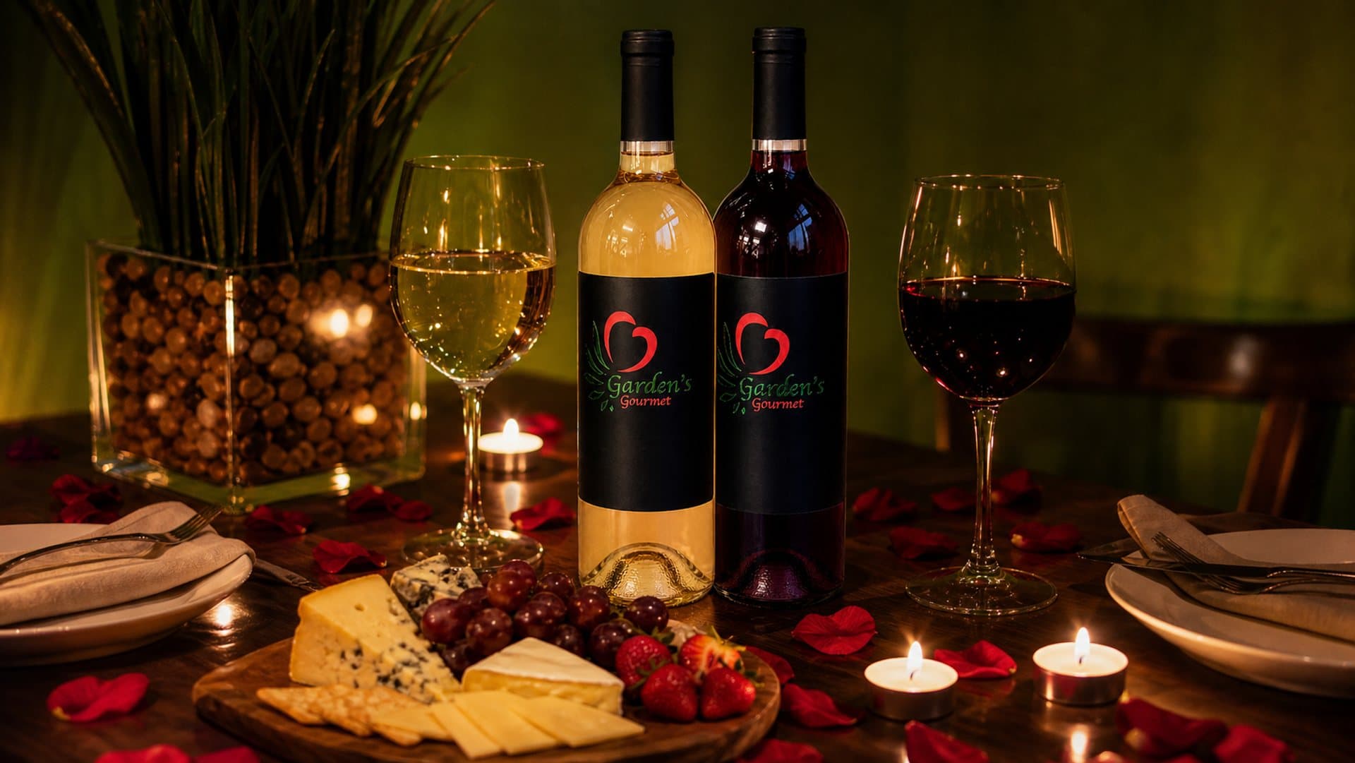 Garden's Gourmet branded wine bottles on a candlelit table